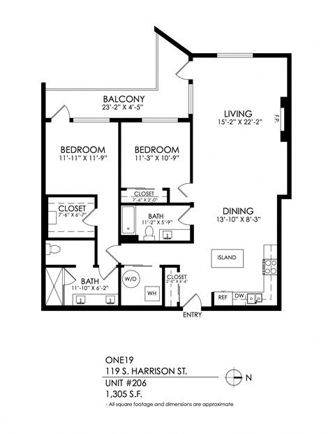 Floor plan for 2 beds, 2 baths, 1305 sqft